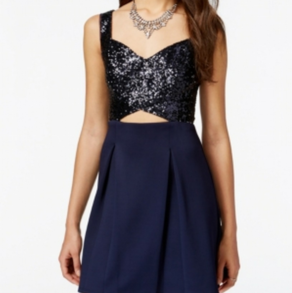 B Darlin navy blue sequined cutout a-line dress